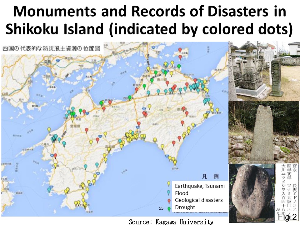 Monuments and Records of Disasters in Shikoku Island (indicated by colored dots)