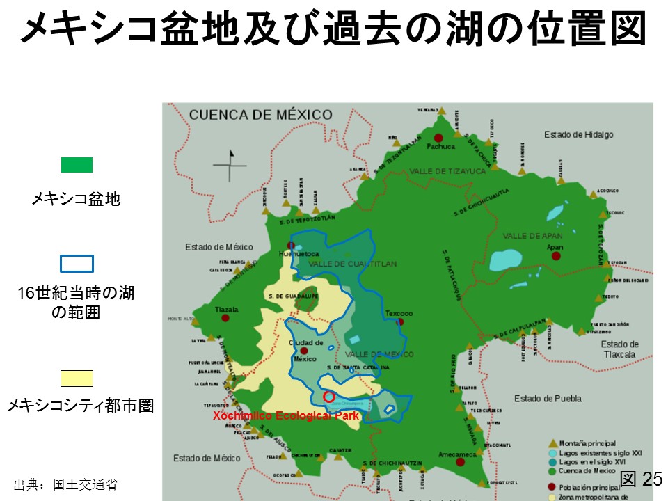 メキシコ盆地及び過去の湖の位置図