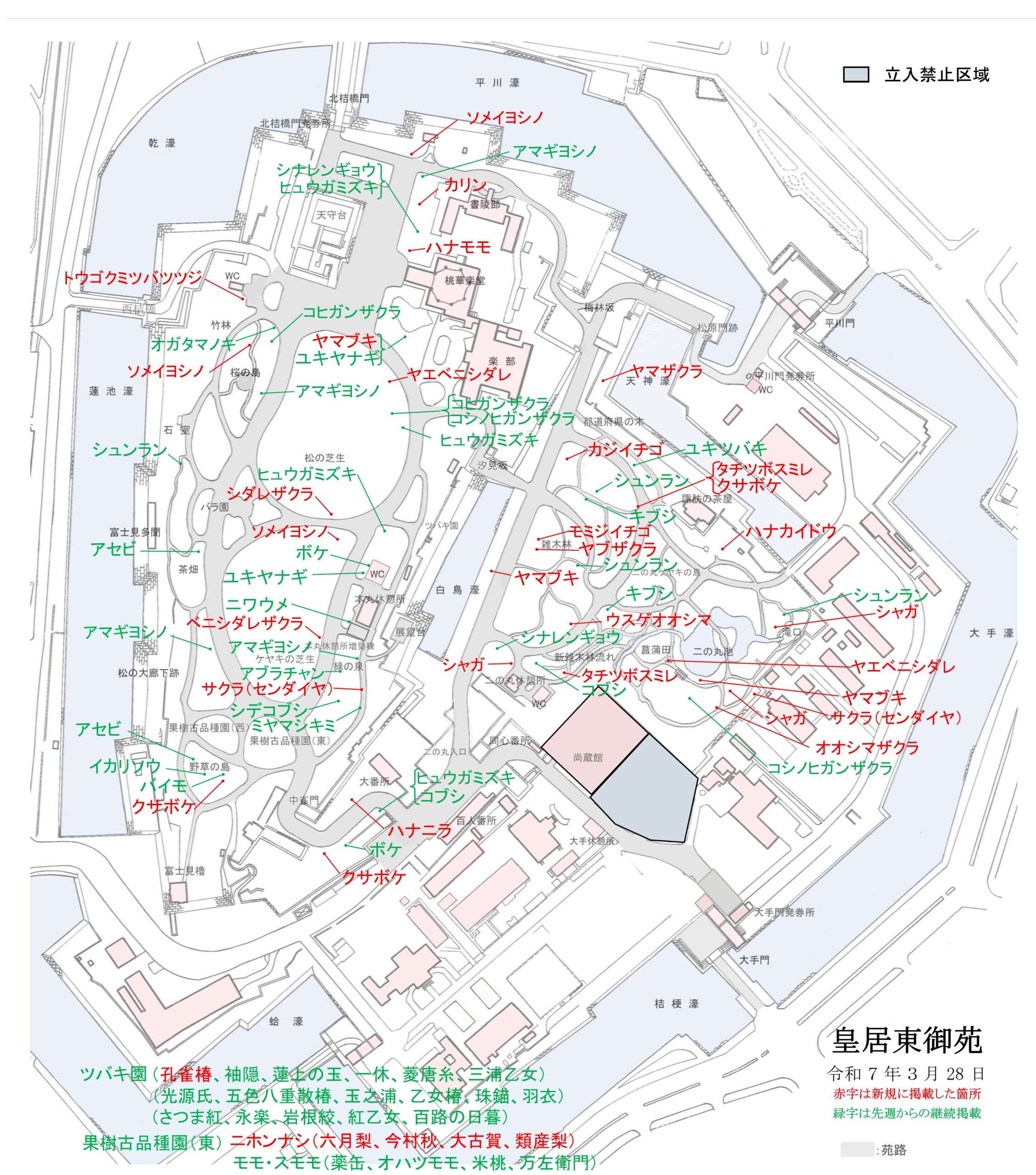 令和7年3月28日皇居東御苑開花地図
