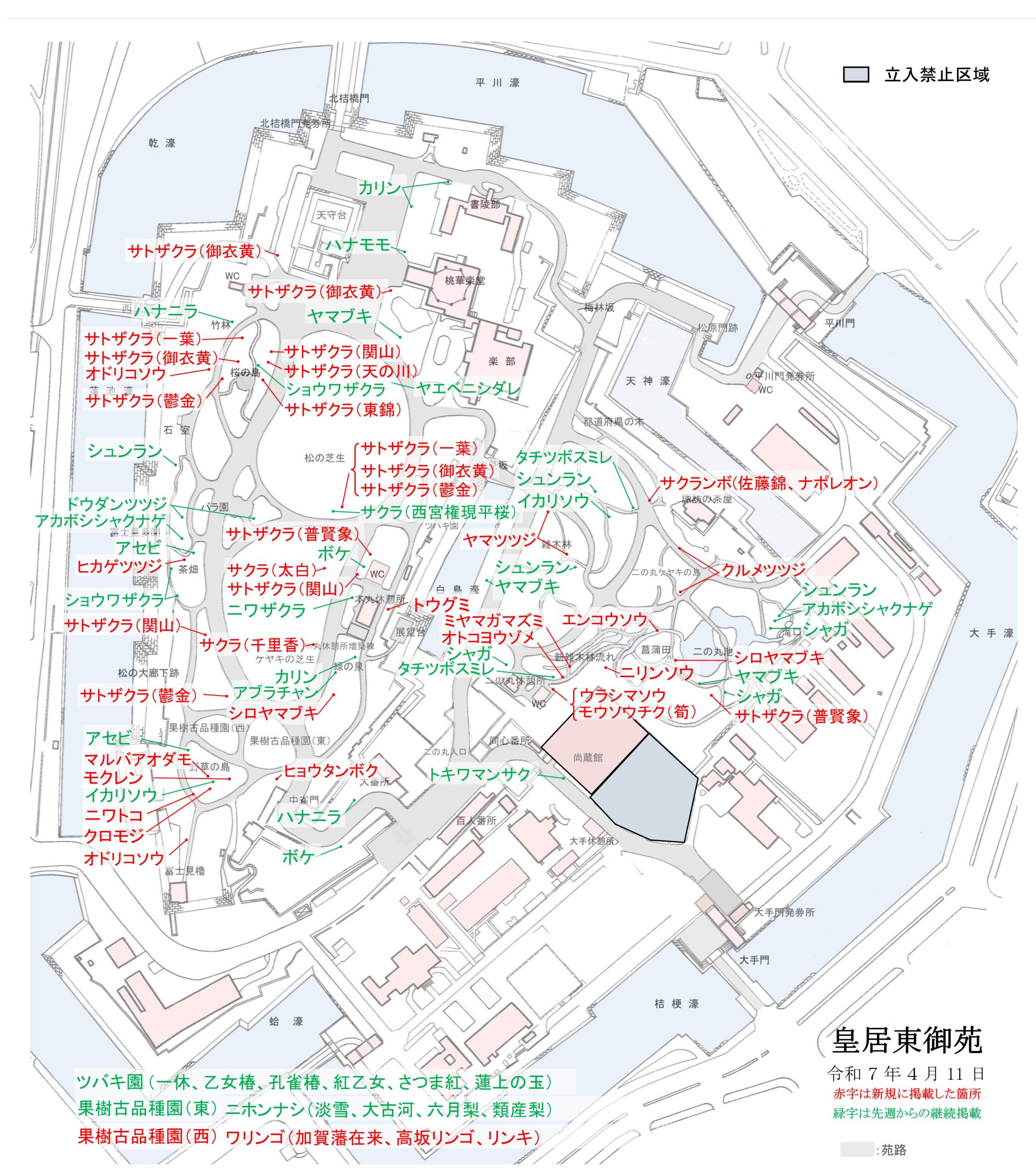 令和7年4月11日皇居東御苑開花地図