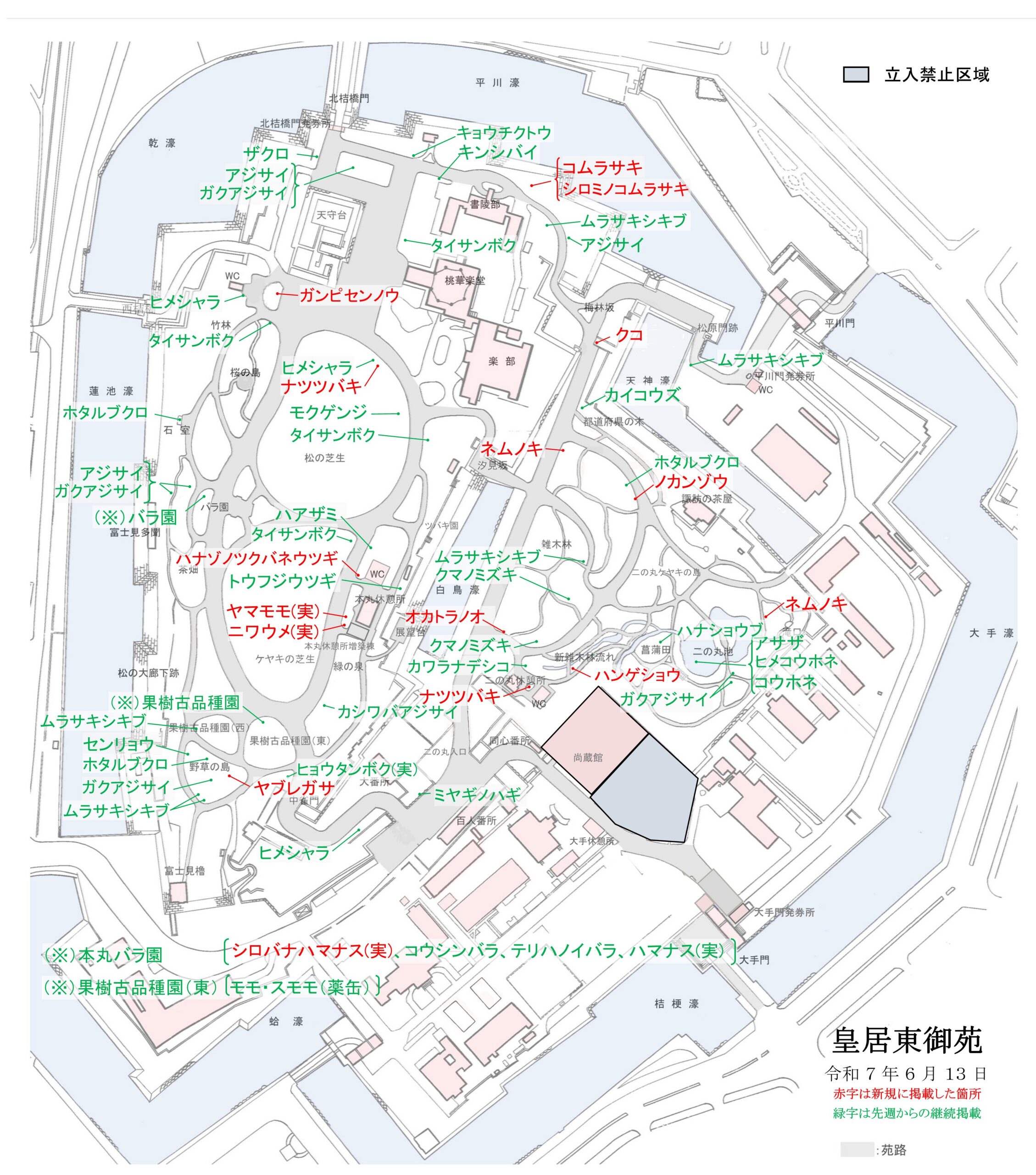 令和7年6月13日皇居東御苑開花地図